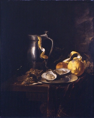 "Still Life with a Pewter Jug, Oysters, and a Lemon," 1633